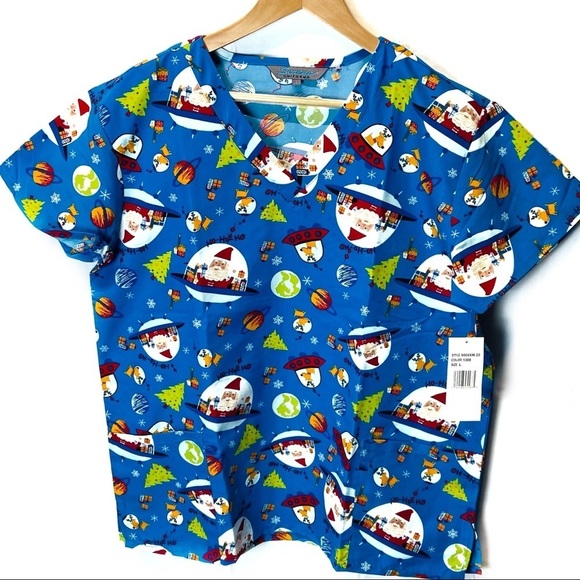 Serene Santa from Mars Christmas‎ Scrub Top - Picture 1 of 7